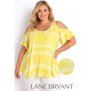 NWT LANE BRYANT Womens 26/28 Swing Tee Tie Dye Ruffles Cold Shoulder Top Yellow